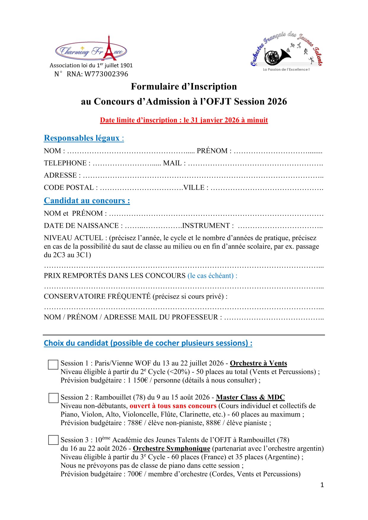Formulaire d'inscription Concours OFJT 2026 page 1 — informations personnelles et modalités