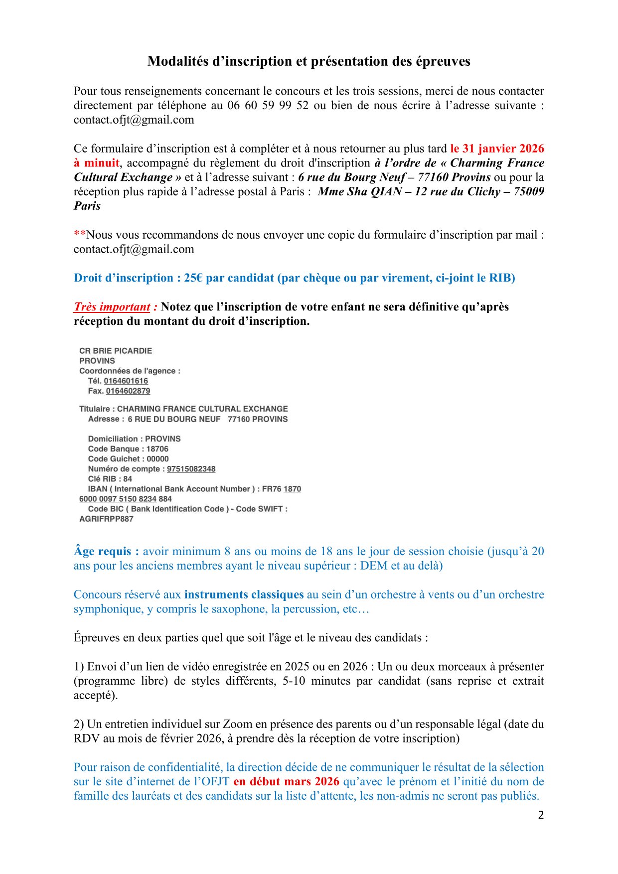 Formulaire d'inscription Concours OFJT 2026 page 2 — détails du programme et signature